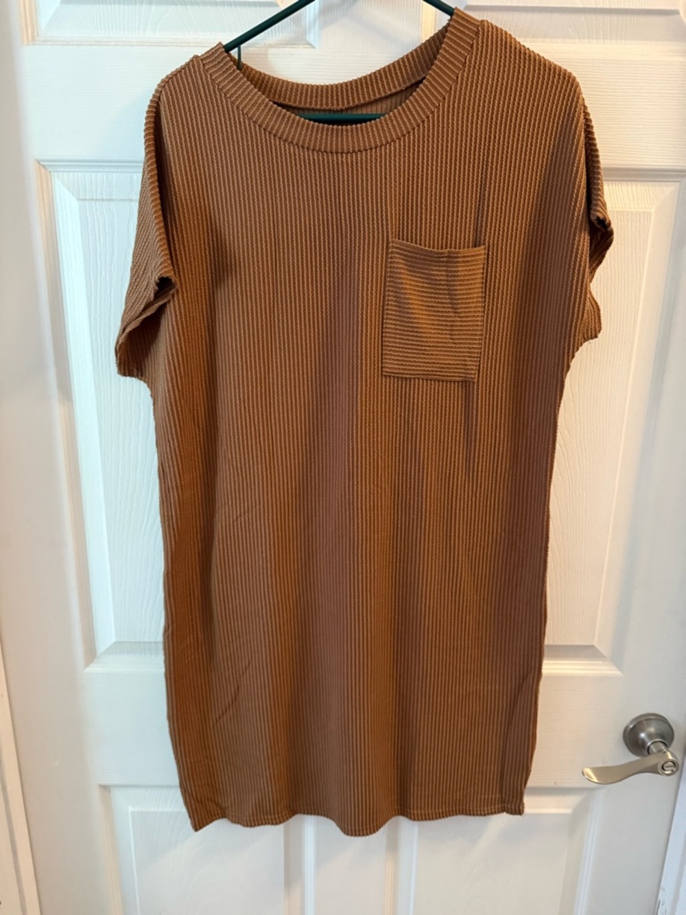Ribbed Pocket T-Shirt Dress in Warm Caramel